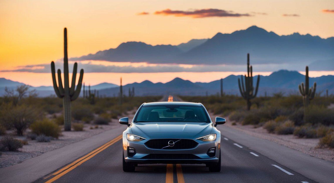 A car driving on a desert road at sunset, with cacti and mountains in the background